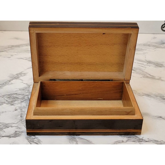 Lacquered Wood Box Marketry Inlaid Domed Hinged Handmade Jewelry Cigarette Box - Picture 8 of 10